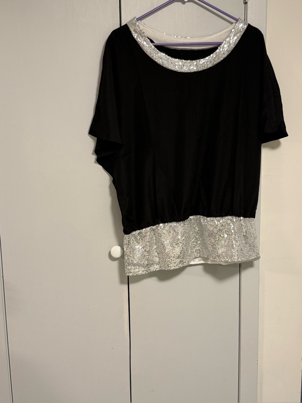 Black Top with Silver Sequin Trim and pants Women's Elegant Party Set large